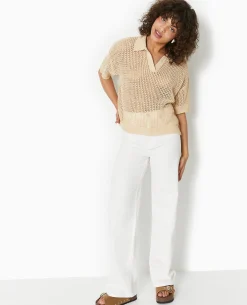 Pull Polo Manches Courtes En Maille Ajourée - Beige