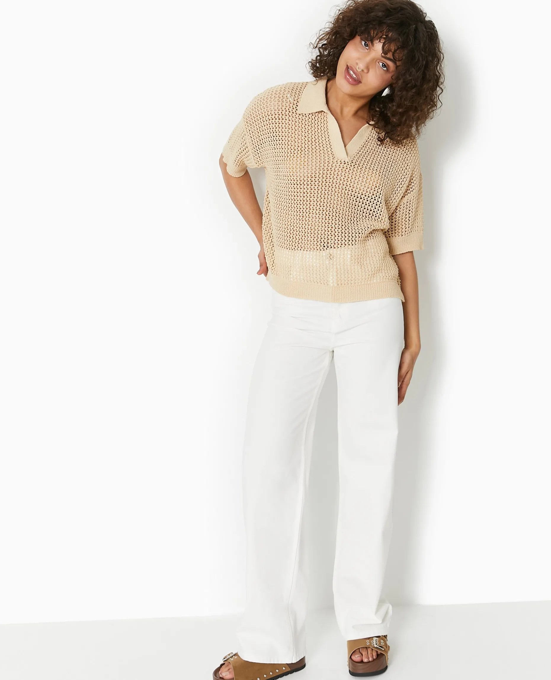 Pull Polo Manches Courtes En Maille Ajourée - Beige
