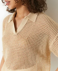Pull Polo Manches Courtes En Maille Ajourée - Beige