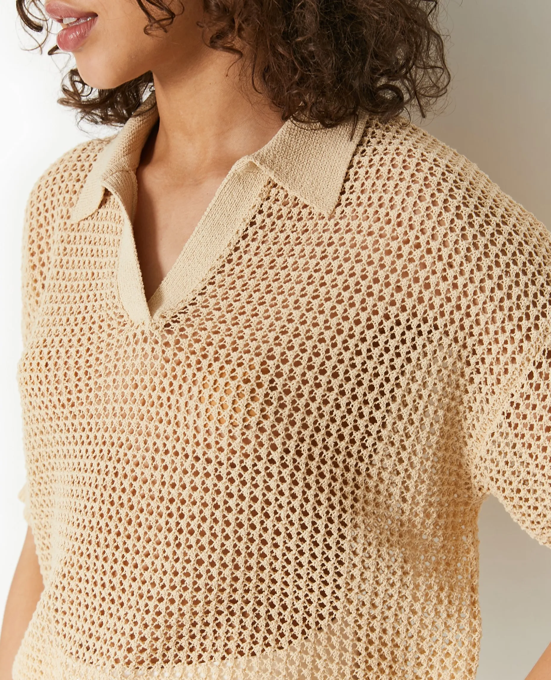 Pull Polo Manches Courtes En Maille Ajourée - Beige