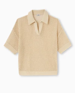Pull Polo Manches Courtes En Maille Ajourée - Beige