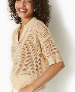 Pull Polo Manches Courtes En Maille Ajourée - Beige