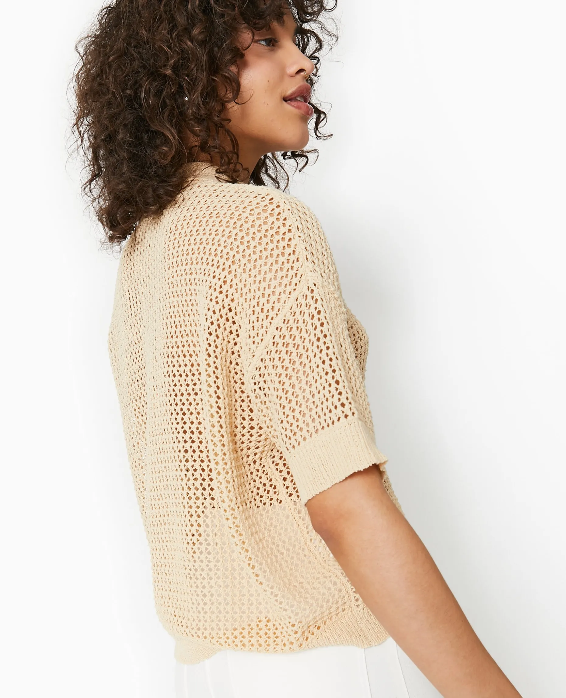 Pull Polo Manches Courtes En Maille Ajourée - Beige