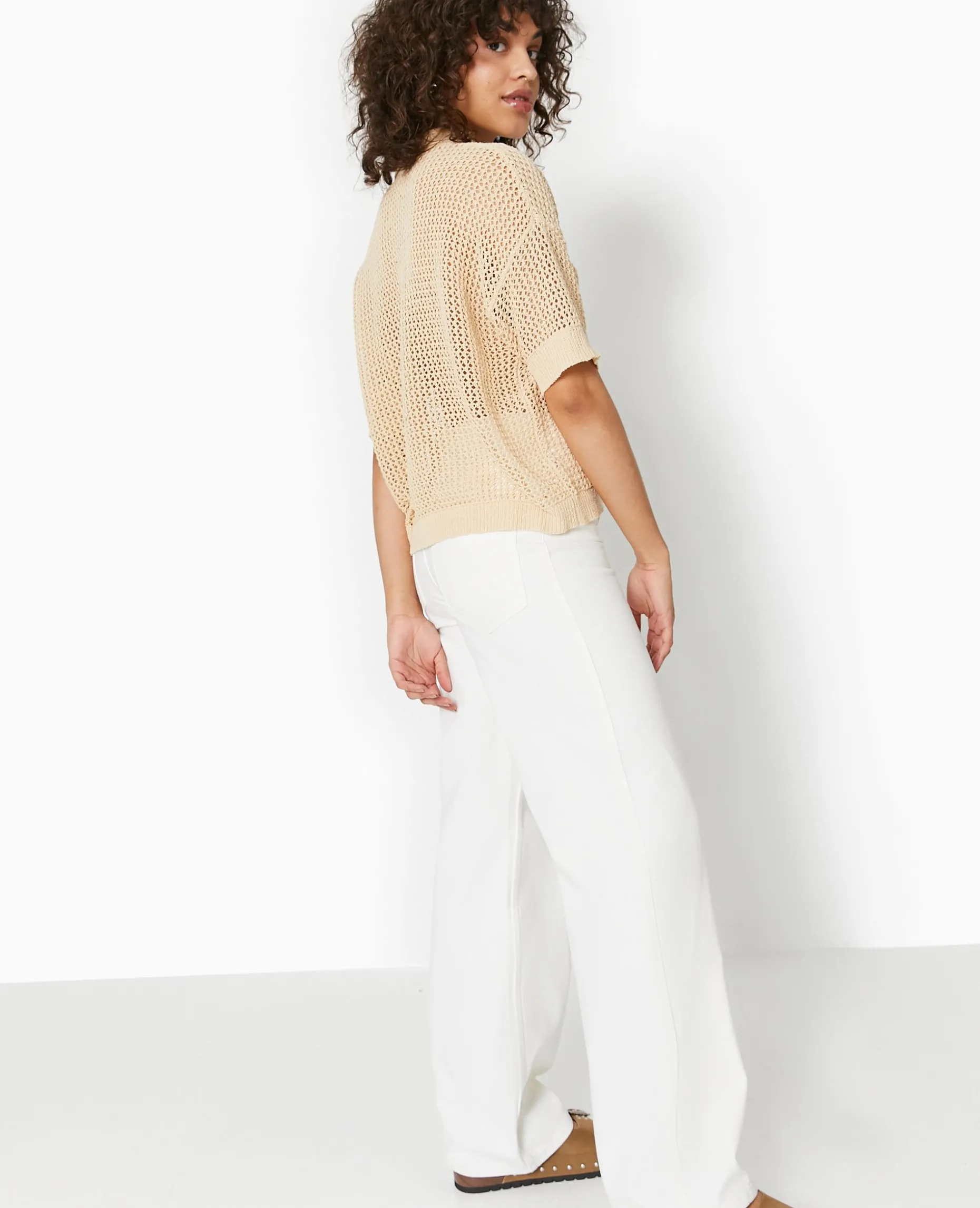 Pull Polo Manches Courtes En Maille Ajourée - Beige