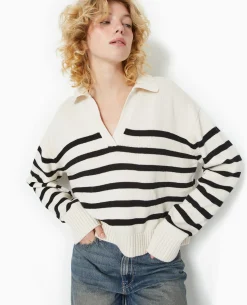 Pull Rayé Col Polo - Blanc