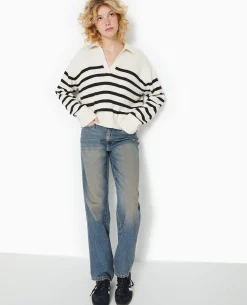 Pull Rayé Col Polo - Blanc