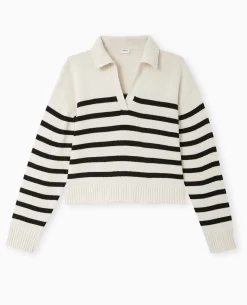 Pull Rayé Col Polo - Blanc
