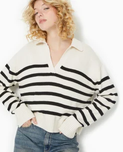 Pull Rayé Col Polo - Blanc