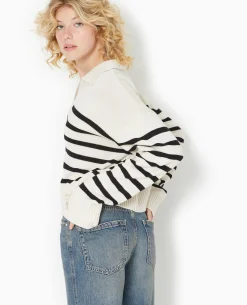 Pull Rayé Col Polo - Blanc