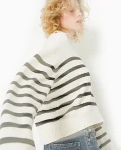 Pull Rayé Col Polo - Blanc