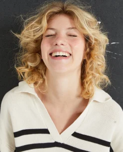 Pull Rayé Col Polo - Blanc