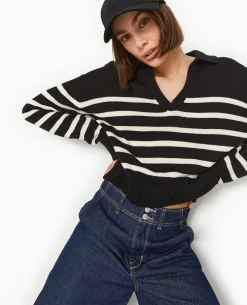 Pull Rayé Col Polo - Noir
