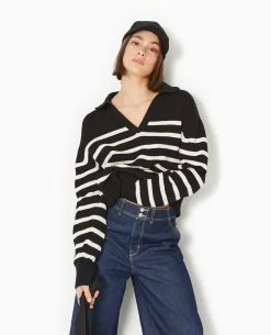 Pull Rayé Col Polo - Noir