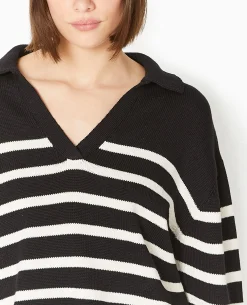 Pull Rayé Col Polo - Noir
