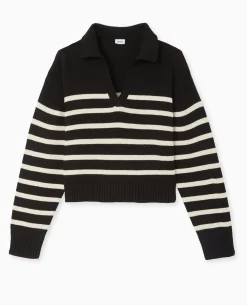Pull Rayé Col Polo - Noir