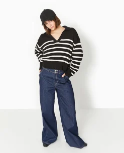 Pull Rayé Col Polo - Noir