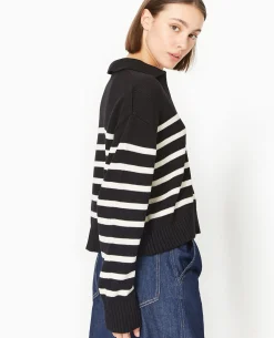 Pull Rayé Col Polo - Noir