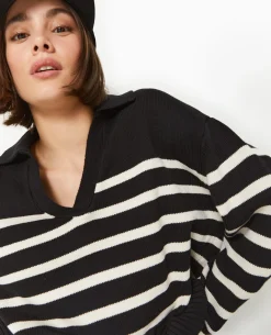 Pull Rayé Col Polo - Noir