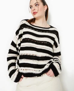 Pull Rayé En Maille Ajourée Façon Crochet - Noir