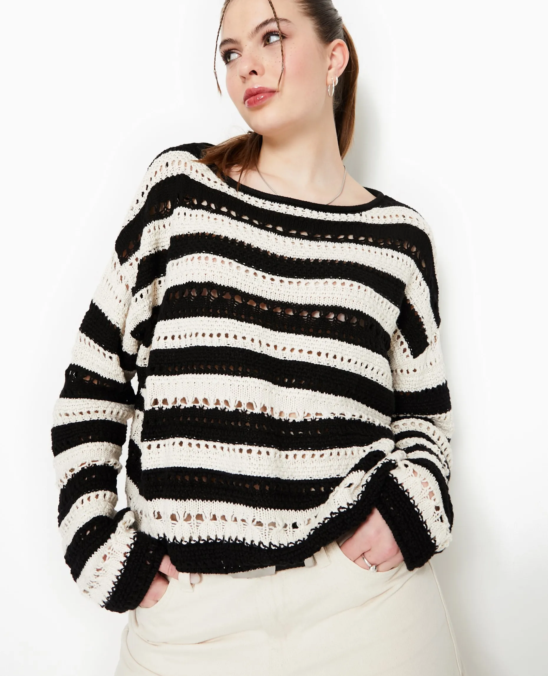 Pull Rayé En Maille Ajourée Façon Crochet - Noir