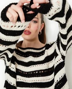 Pull Rayé En Maille Ajourée Façon Crochet - Noir