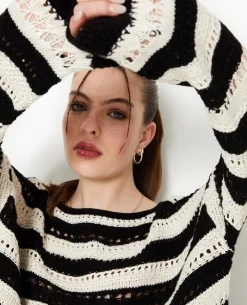 Pull Rayé En Maille Ajourée Façon Crochet - Noir