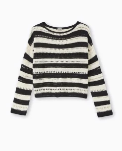 Pull Rayé En Maille Ajourée Façon Crochet - Noir