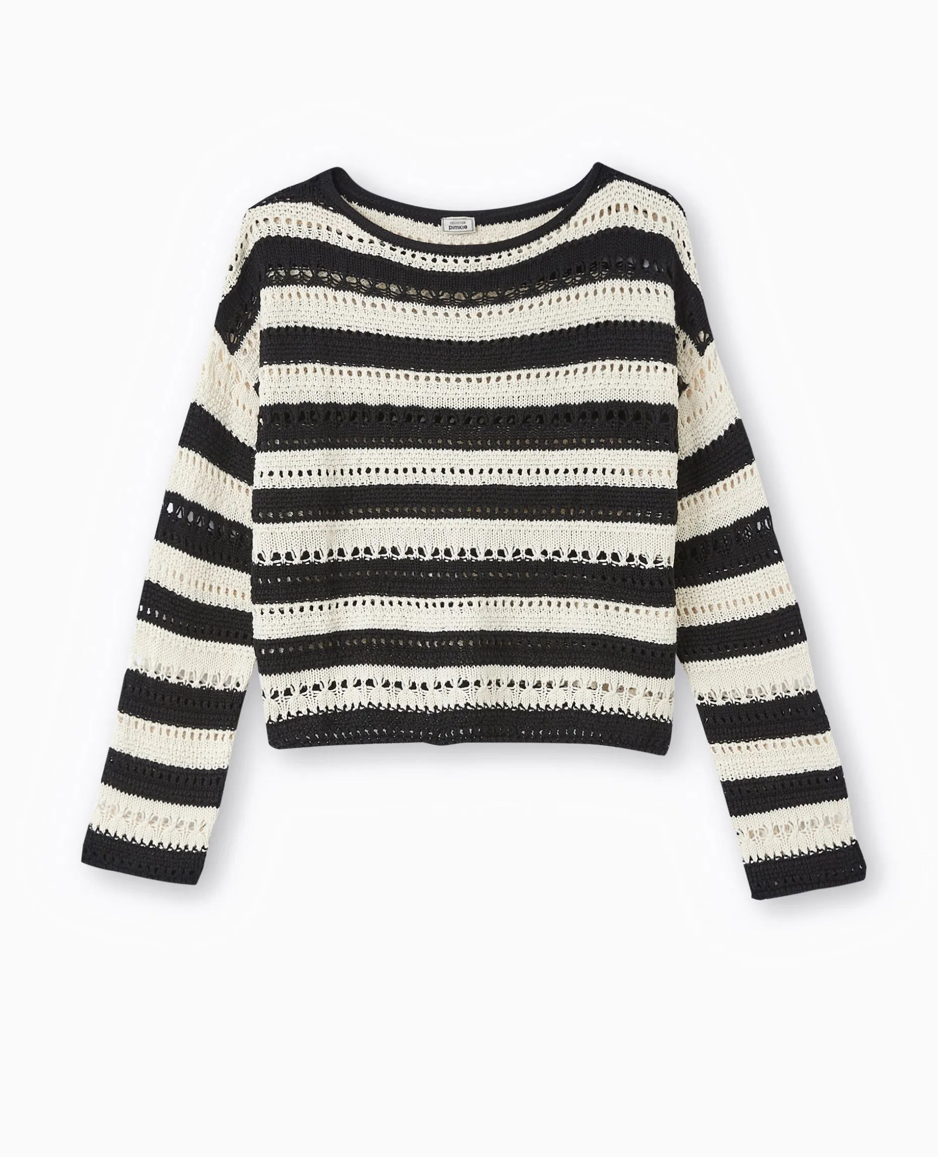Pull Rayé En Maille Ajourée Façon Crochet - Noir