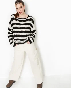Pull Rayé En Maille Ajourée Façon Crochet - Noir