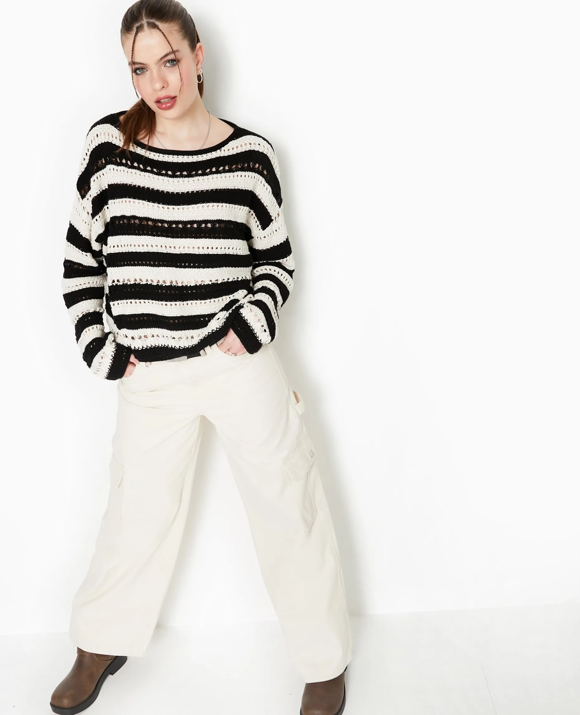 Pull Rayé En Maille Ajourée Façon Crochet - Noir