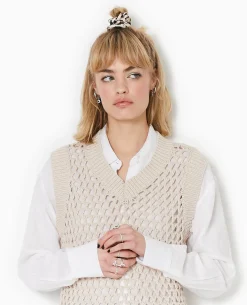 Pull Sans Manches En Maille Ajourée - Beige