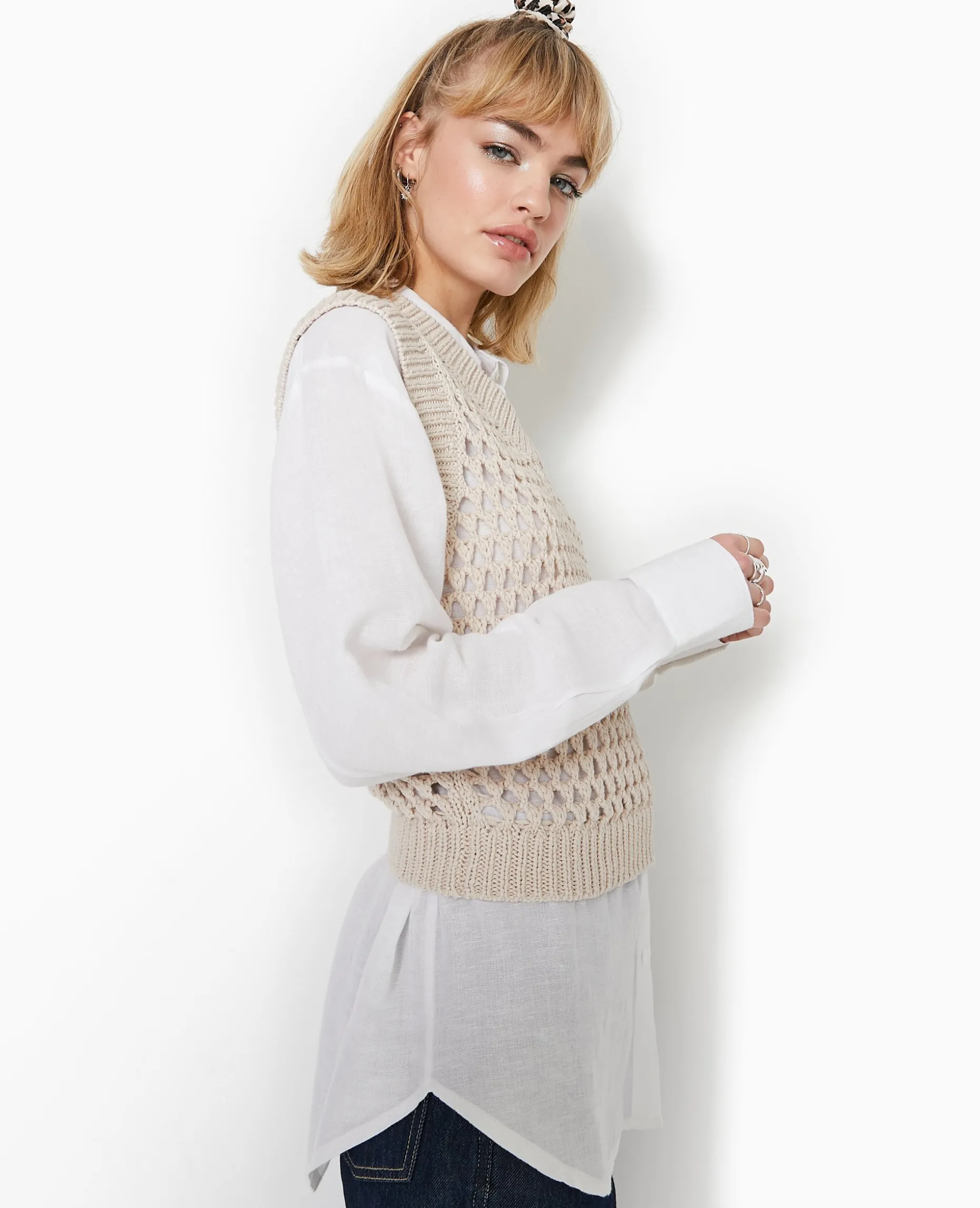 Pull Sans Manches En Maille Ajourée - Beige