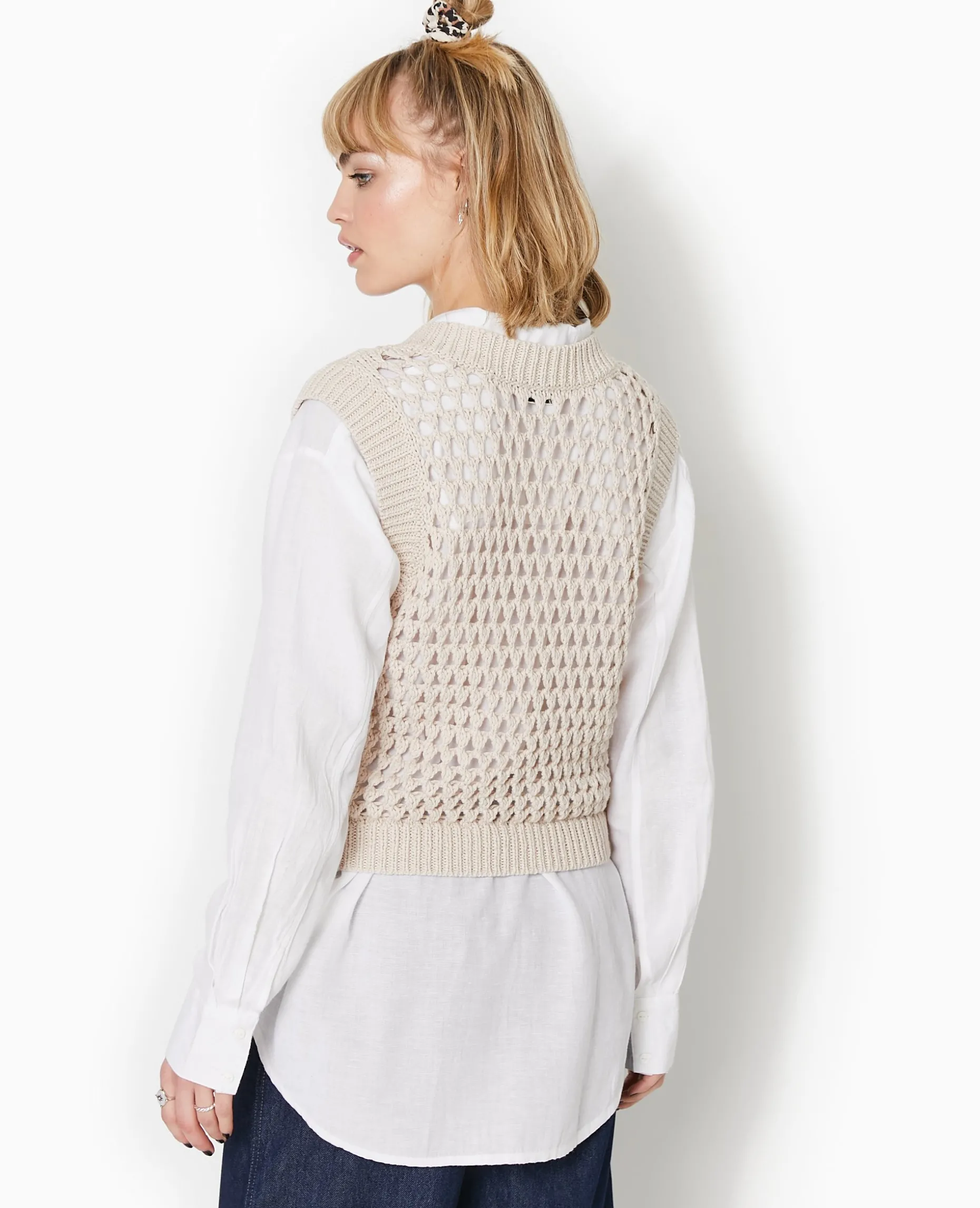 Pull Sans Manches En Maille Ajourée - Beige