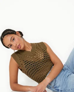 Pull Sans Manches En Maille Ajourée - Vert Kaki