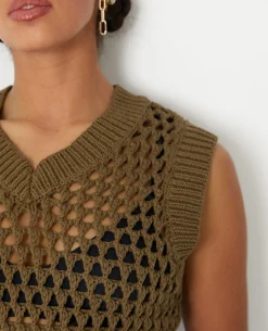 Pull Sans Manches En Maille Ajourée - Vert Kaki