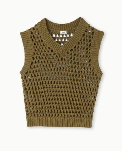 Pull Sans Manches En Maille Ajourée - Vert Kaki