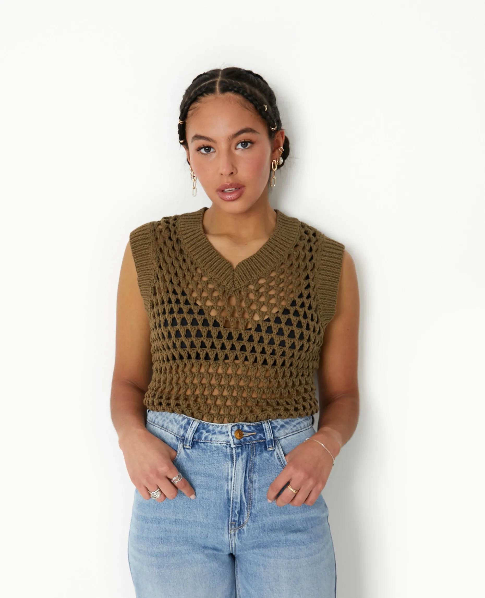 Pull Sans Manches En Maille Ajourée - Vert Kaki