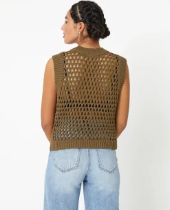 Pull Sans Manches En Maille Ajourée - Vert Kaki
