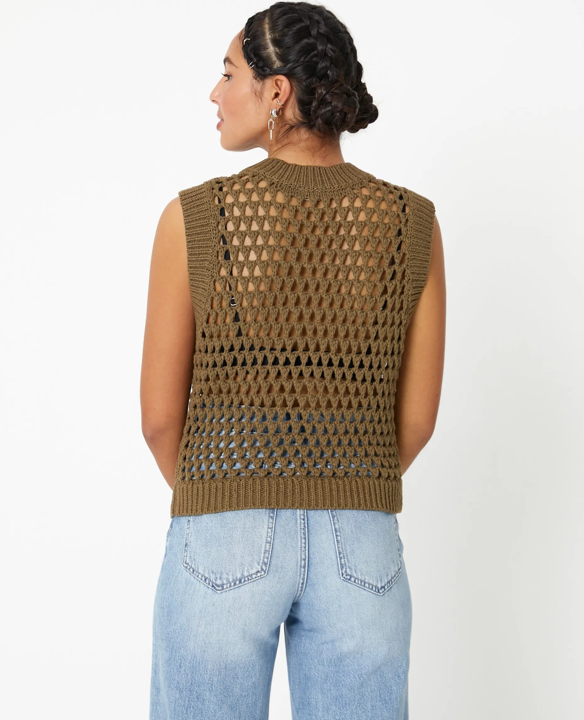 Pull Sans Manches En Maille Ajourée - Vert Kaki