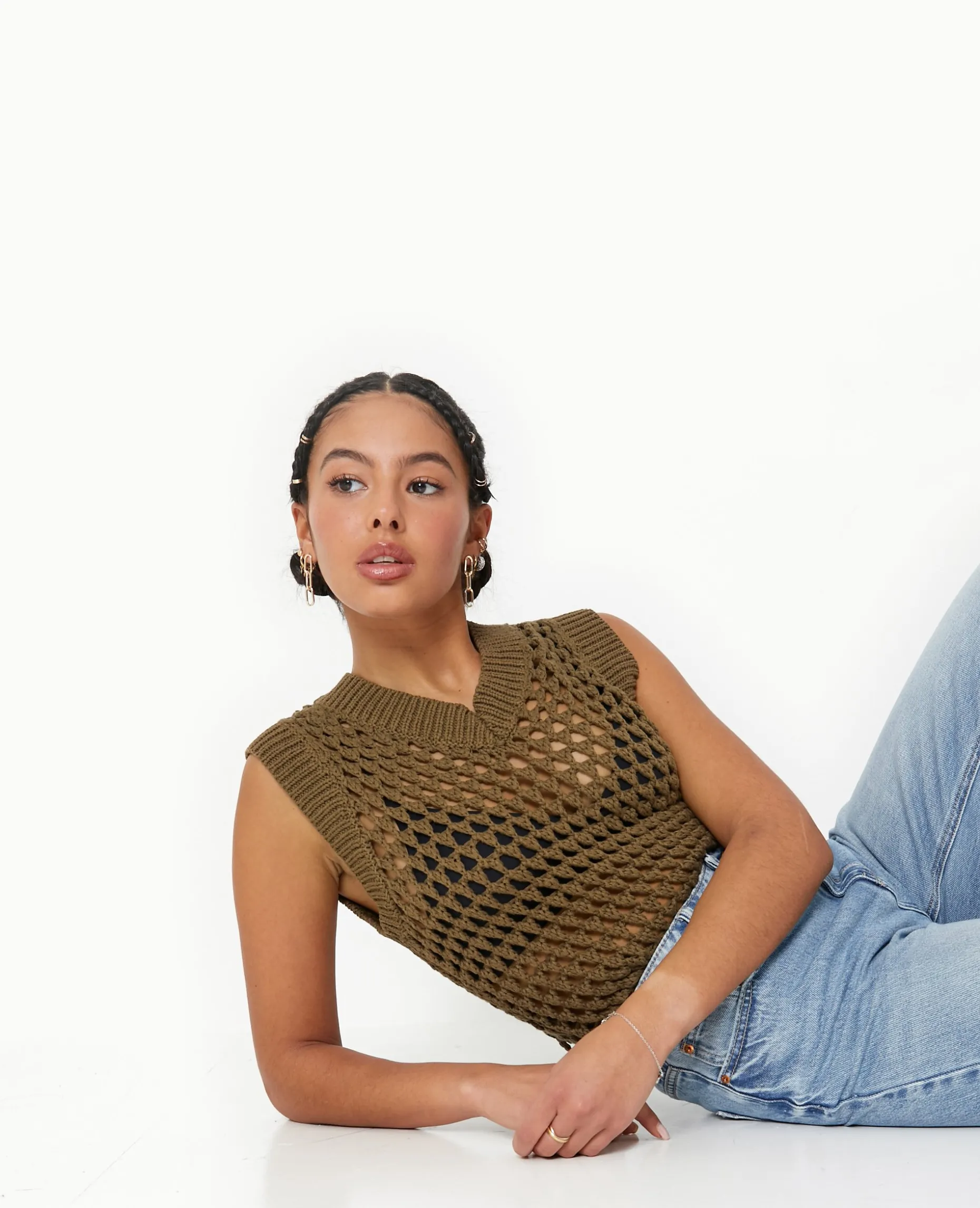 Pull Sans Manches En Maille Ajourée - Vert Kaki