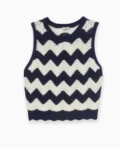 Pull Sans Manches En Maille Ajourée - Bleu Marine