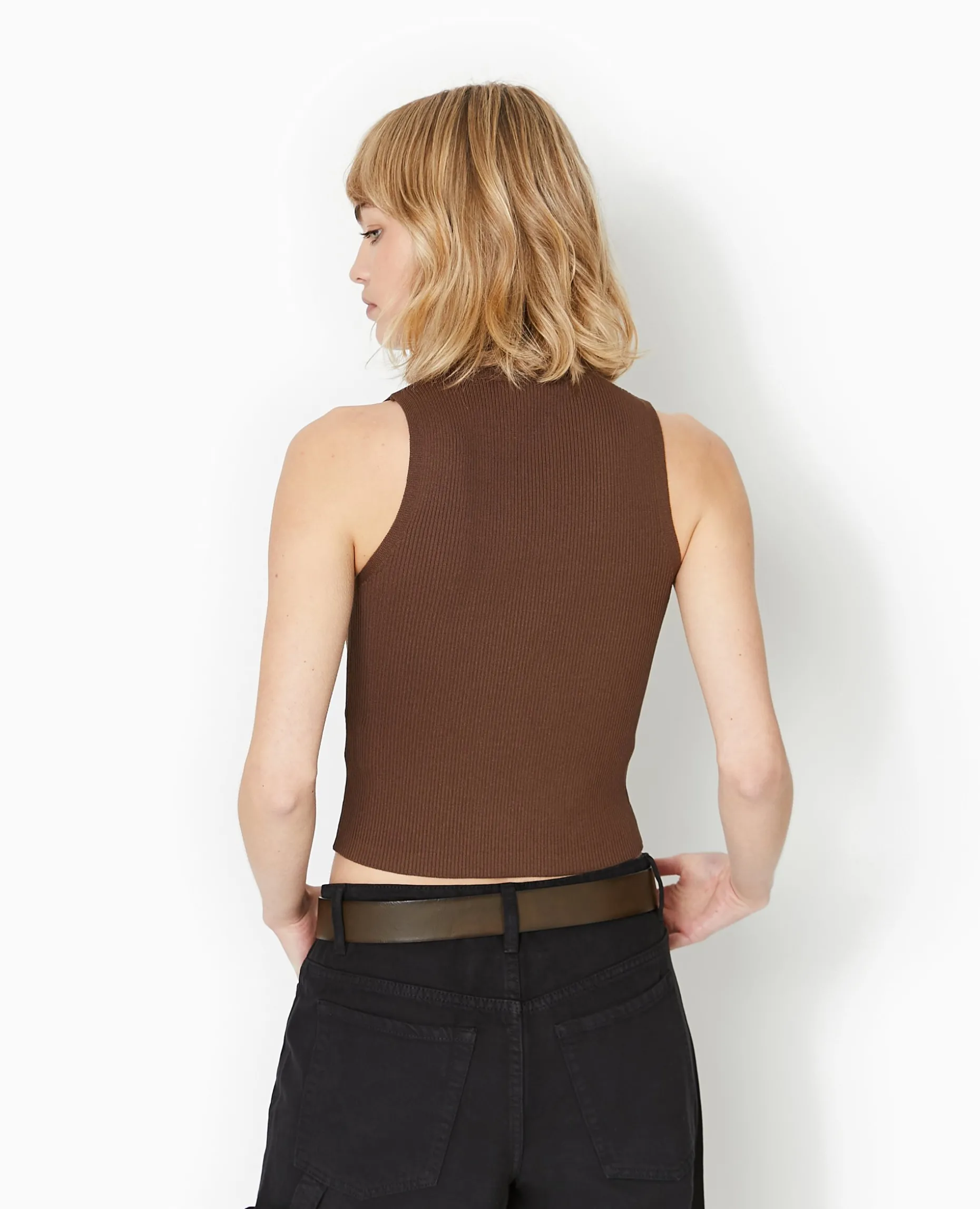 Pull Sans Manches En Maille Côtelée - Marron
