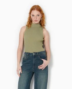 Pull Sans Manches En Maille Côtelée - Vert Kaki