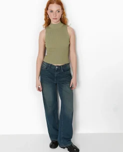 Pull Sans Manches En Maille Côtelée - Vert Kaki