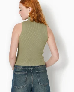 Pull Sans Manches En Maille Côtelée - Vert Kaki