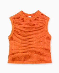 Pull Sans Manches En Maille Ajourée - Orange