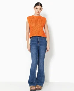 Pull Sans Manches En Maille Ajourée - Orange
