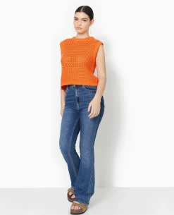 Pull Sans Manches En Maille Ajourée - Orange