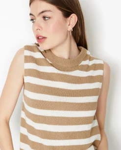 Pull Sans Manches Rayé - Beige