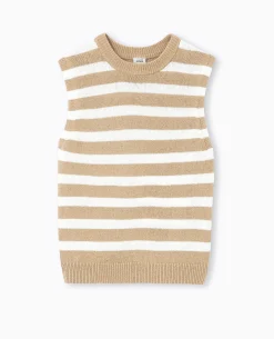 Pull Sans Manches Rayé - Beige